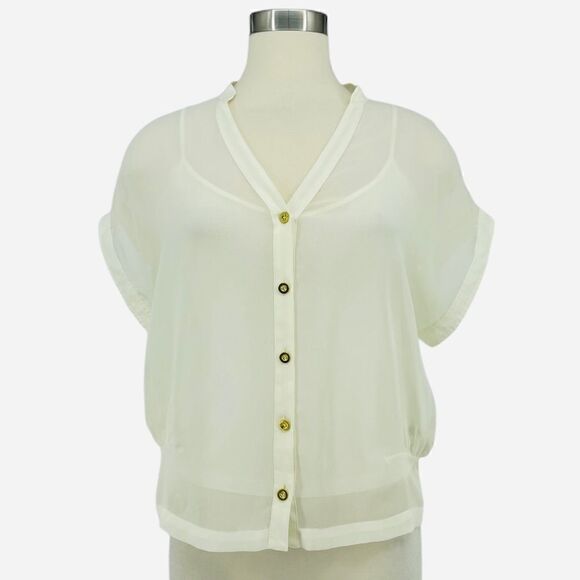 bebe Sheer Short Sleeve Button Down Blouse - Picture 1 of 15